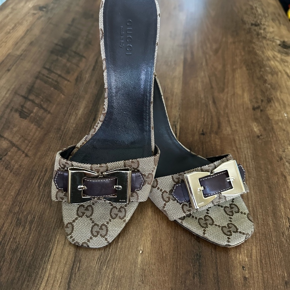 Gucci Tan Mules with Gold Accent